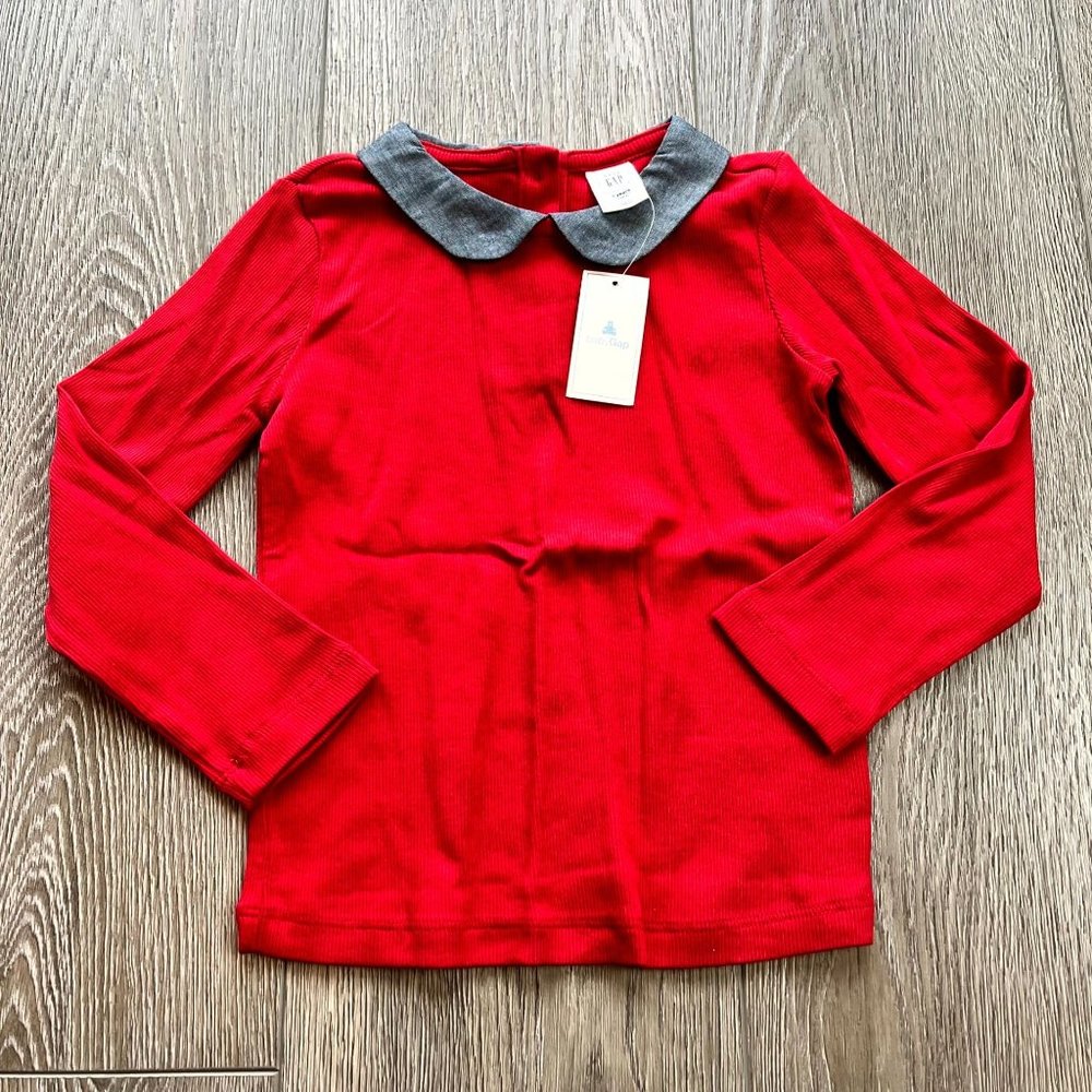 NWT Baby Gap Peter Pan Collar Blue Red Long Sleeve Top Size 3T Girls